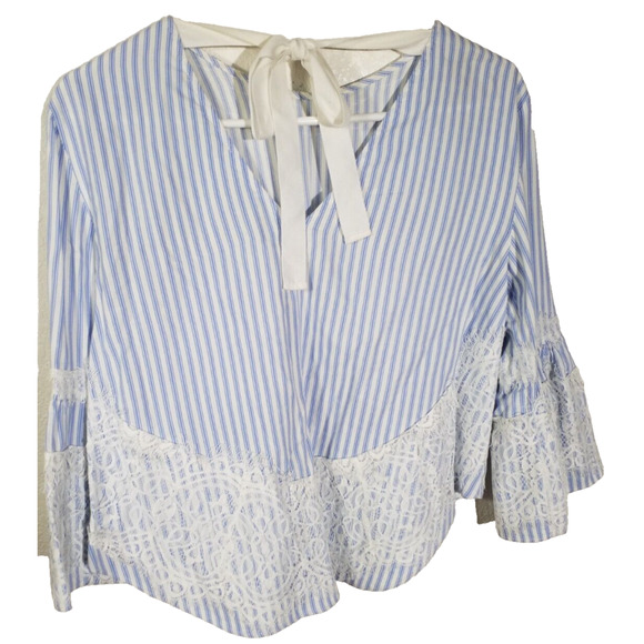 Zara Woman Blue White Stripe Open Back Top | Size XS | Bell Sleeve - Picture 4 of 5